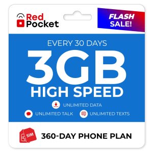 360-Day Red Pocket Prepaid Plan: Unlimited Talk & Text + 3GB LTE Data / Month