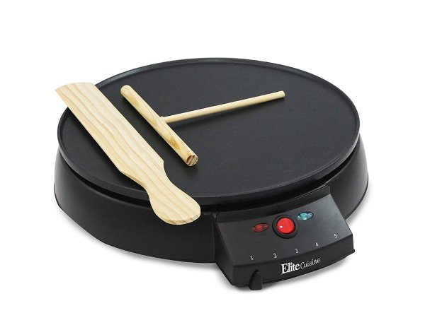 Elite Cuisine ECP-126 Electric Crepe Maker and Non-stick Griddle with Spreader, Spatula and Recipes, 12", Black