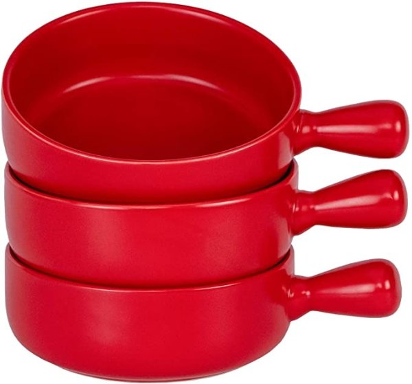 21 OZ French Onion Soup Bowls - Matte Porcelain Serving Bowl with Single Handle for Chili, Tortilla Soup, Oatmeal, Cereal, Chicken Pie, Beef Stew, Chowder - Set of 3 (Red)