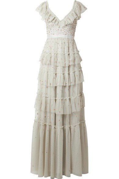 Sunburst tiered embellished ruffle-trimmed tulle gown