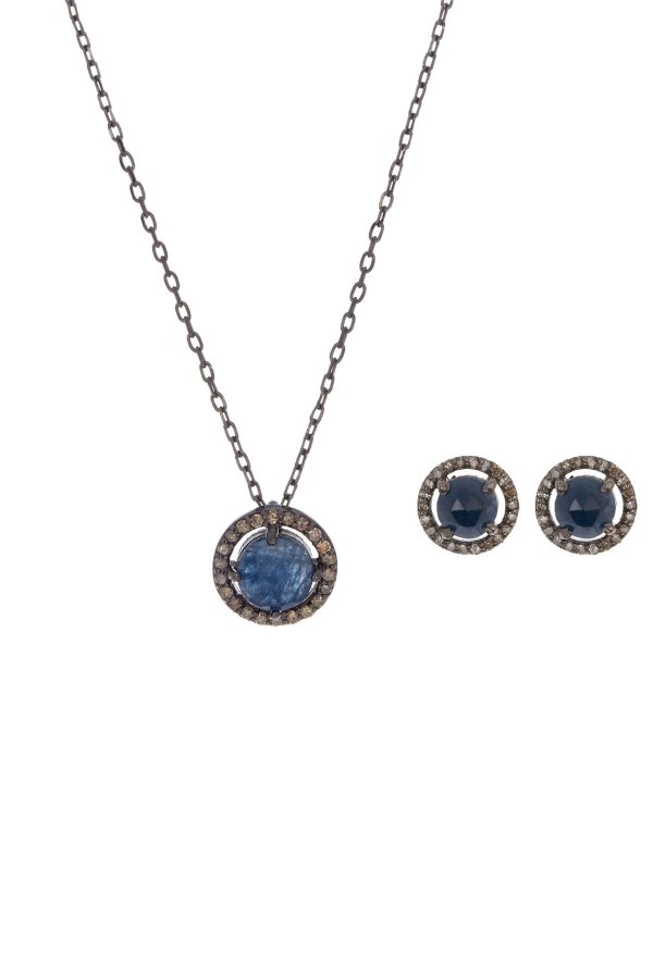Rhodium Plated Sterling Silver Diamond and Sapphire Pendant Necklace & Earring Set