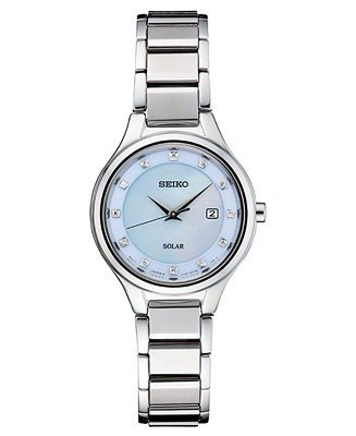Women's Solar Diamond-Accent Silver-Tone Stainless Steel Bracelet Watch 29mm