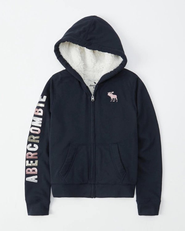 girls sequin-logo sherpa fleece full-zip hoodie | girls clearance | Abercrombie.com
