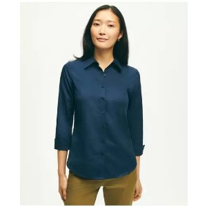 Brooks BrothersFitted Stretch Cotton Sateen Three-Quarter Sleeve Blouse