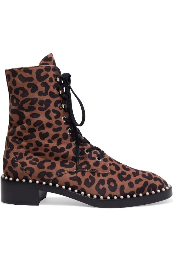 Sondra faux pearl-embellished leopard-print suede ankle boots