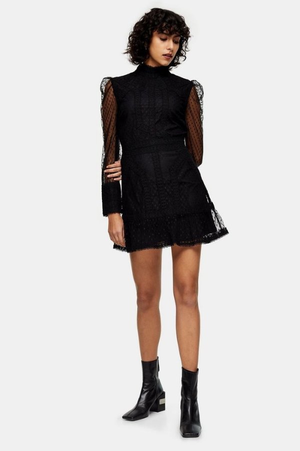 Black Crochet Trim Mini Dress