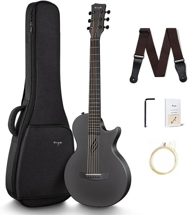 Nova Go Carbon Fiber Acoustic Guitar 1/2 Size Beginner Adult Travel Acustica Guitarra w/Starter Bundle Kit of Colorful Gift Packaging, Acoustic Guitar Strap, EVA Case, Cleaning Cloth(Black)