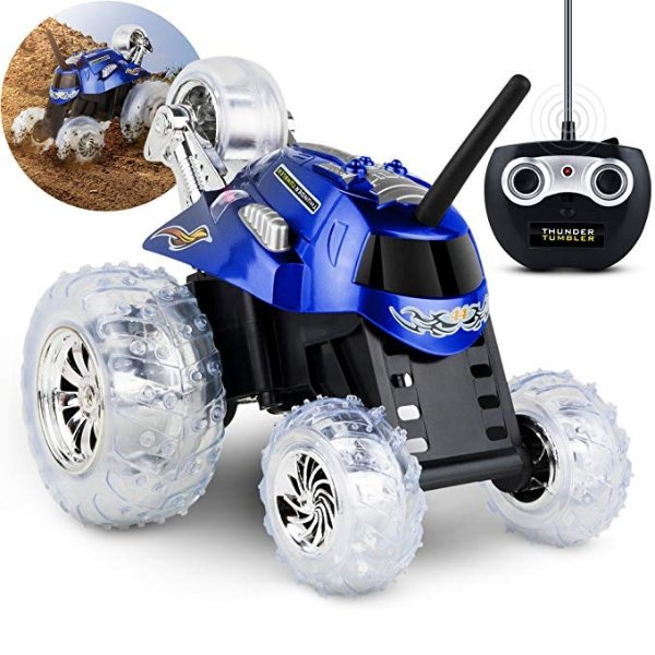 Thunder Tumbler Toy RC Car for Kids, Remote Control Monster Spinning Stunt Mini Truck for Girls and Boys, Racing Flips and Tricks with 5th Wheel, 27 MHz Blue