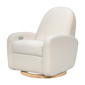 Nami Electronic Power Recliner and Swivel Glider with USB Port in Ivory Boucle with Light Wood Base, Greenguard Gold and CertiPUR-US Certified