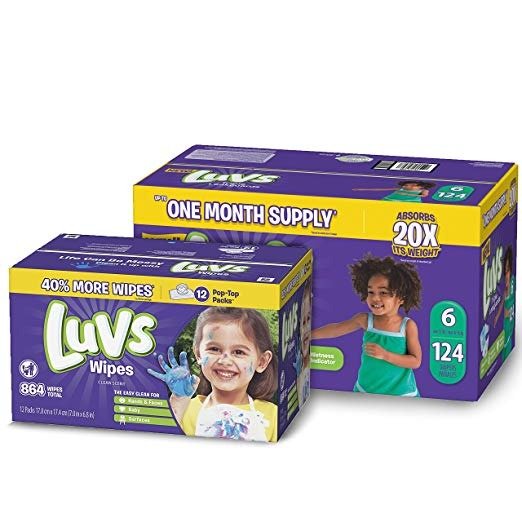 Diapers Size 6, 124 Count - Luvs Ultra Leakguards Disposable Diapers, ONE Month Supply with Baby Wipes 12X Pop-Top Packs, 864 Count