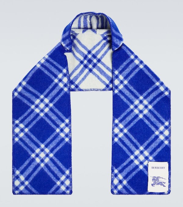 Hooded Checked Wool Scarf in Blue - Burberry | Mytheresa