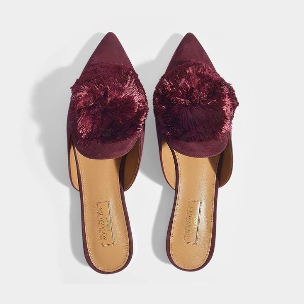 Powder Puff Flat Mules in Blackberry Suede Leather