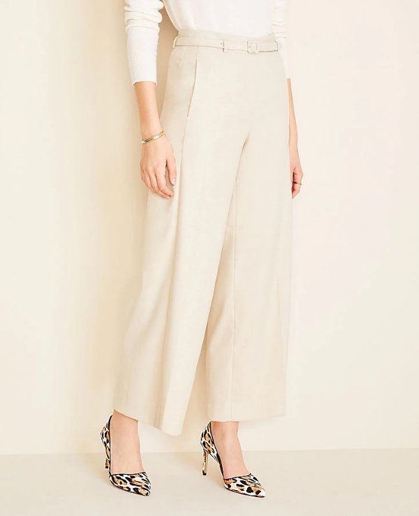 The Petite Belted Wide Leg Marina Pant in Flannel | Ann Taylor
