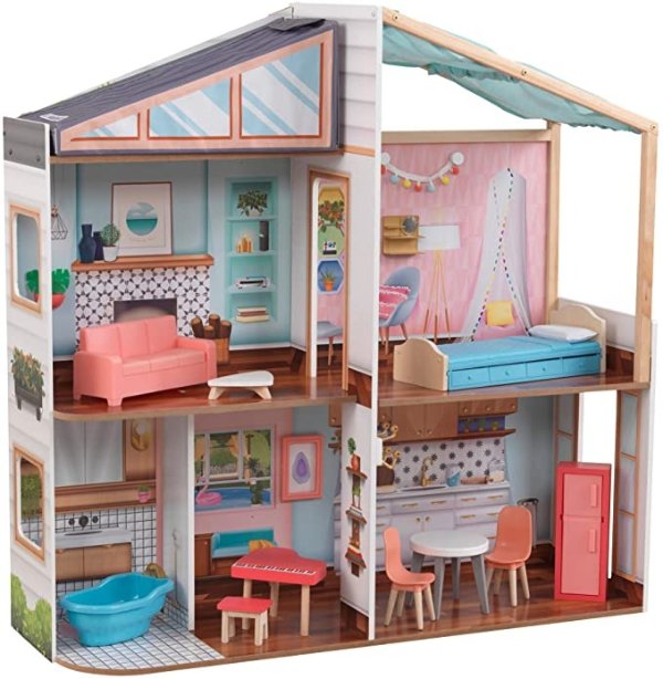 Designed by Me: Magnetic Makeover Wooden Dollhouse with Magnets, Fabric Wallpapers and 10 Pieces of Furniture, Gift for Ages 3+