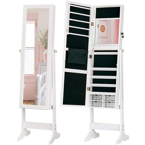 LED Light Jewelry Cabinet Standing Mirror Makeup Lockable Armoire, Large Storage Organizer w/Drawers (white, L)