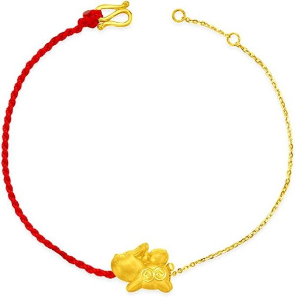 Chow Tai Fook 999 Pure 24K Gold Year of Rabbit Red Line with Never Full Fortune Bag Bracelet