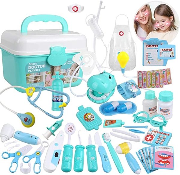 Goodking 45 Pieces Educational Doctor Pretend Play Toy Set Dentist Medical Kit with Storage Box & Lights & Sounds for Girls/ Boys/ School Classroom/ Doctor Roleplay/ Costume Dress-Up