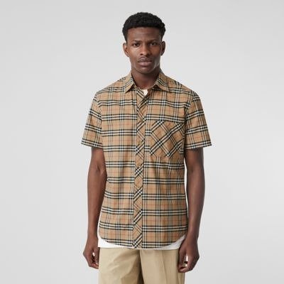 Short-sleeve Small Scale Check Stretch Cotton Shirt