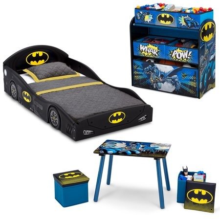 Comics Batman 5-Piece Toddler Bedroom Set by Delta Children - Includes Toddler Bed, Table & Ottoman Set, Multi-Bin Toy Organizer