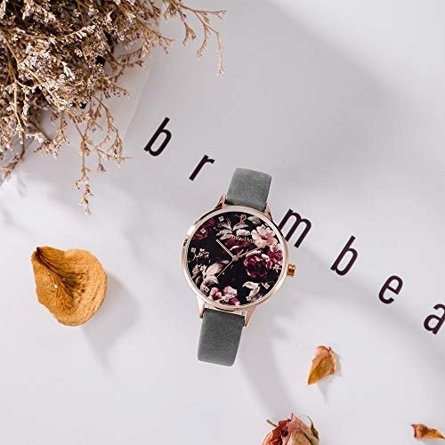 Women Floral Watch Flower Face Genuine Leather Strap Watches for Ladies