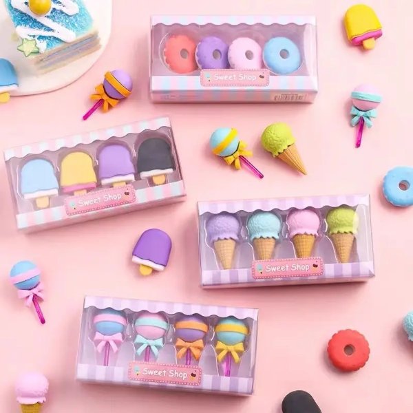 4pcs, Simulated Food Dessert Rubber Lollipop, Donut, Ice Cream Cartoon Eraser Creative Fruit No Mark Eraser Party Gift