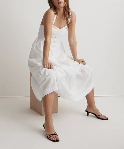White Eyelet Button-Front Tiered Sleeveless Midi Dress - Women