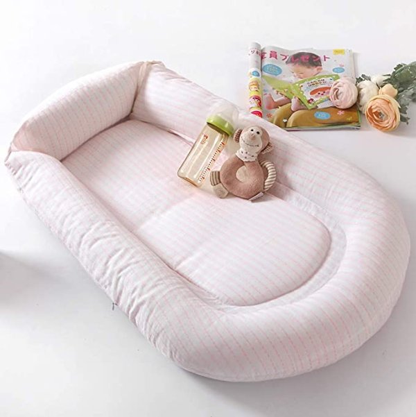 Premium Baby Nest, Baby Lounger - Durable Deluxe Jacquard Cotton Baby Lounger Pillow Perfect for Co-Sleeping and Travelling, Pink Stripes