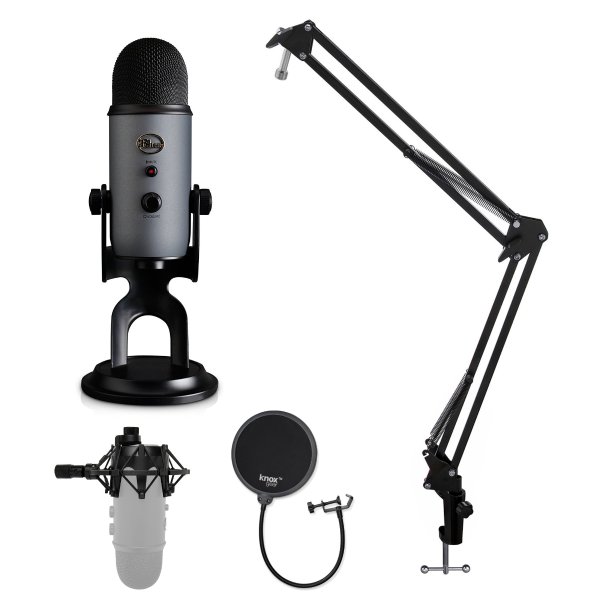 Microphone Yeti USB Microphone with Knox Shock Mount, Stand and Pop Filter