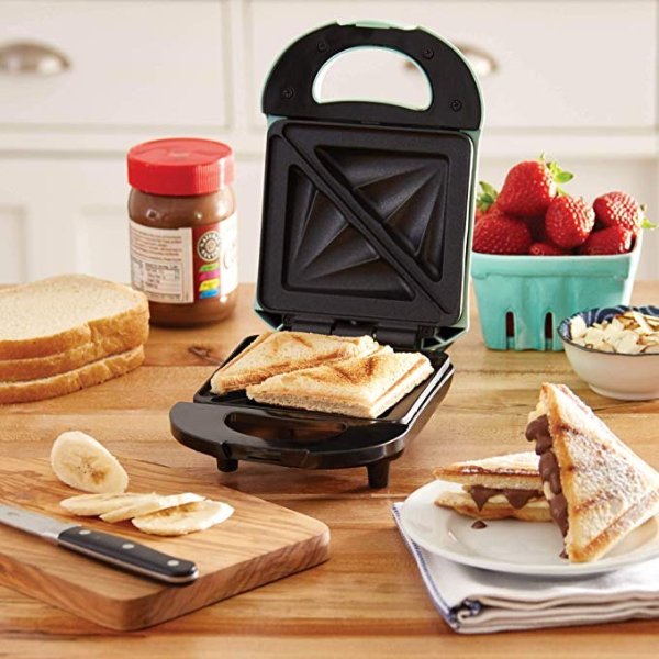 DPM100GBAQ06 Compact Panini Press + Electric Sandwich Maker Toasting, Grilling, Waffles, Omelets, More, Aqua