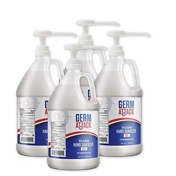 Germ Attack Germ Defense Antibacterial Gel Hand Sanitizer, Unscented, 1 Gallon, Case Of 4 Bottles and 4 Pumps