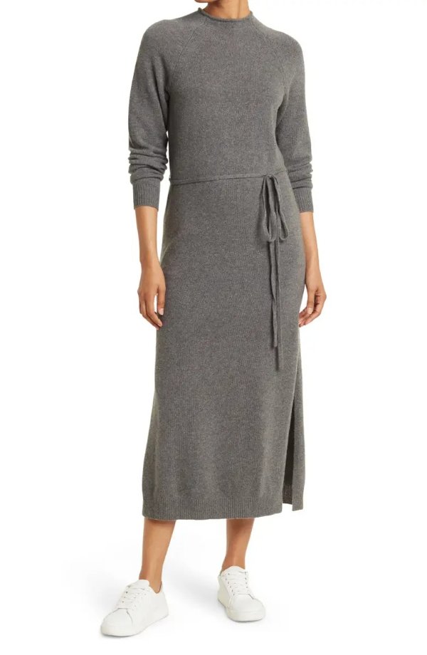 Raglan Sleeve Tie Waist Wool & Cashmere Midi Dress