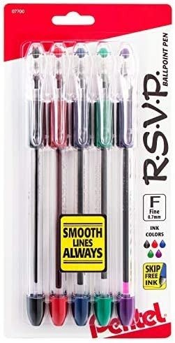 R.S.V.P. Ballpoint Pen, Fine Line, (0.7mm), Assorted Ink, Clear Barrel, 5