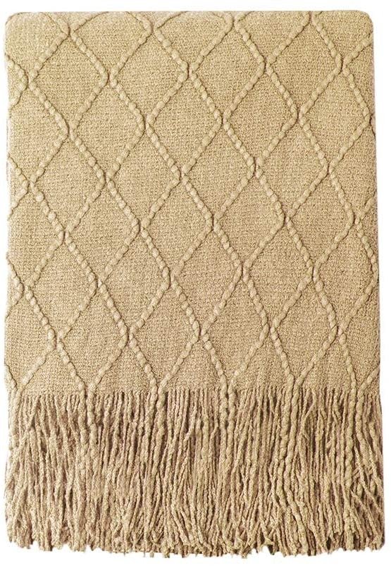 Throw Blanket Textured Solid Soft Sofa Couch Decorative Knitted Blanket, 50" x 60", Mustard