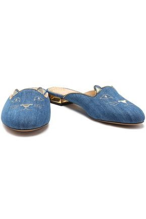 Metallic embroidered denim slippers