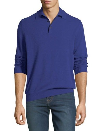 Men's Cashmere Suede-Piped Polo Sweater