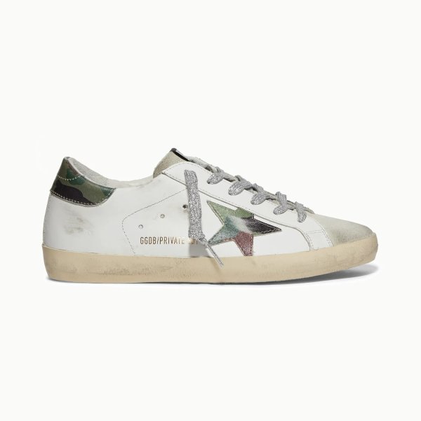 Superstar distressed printed leather and suede sneakers