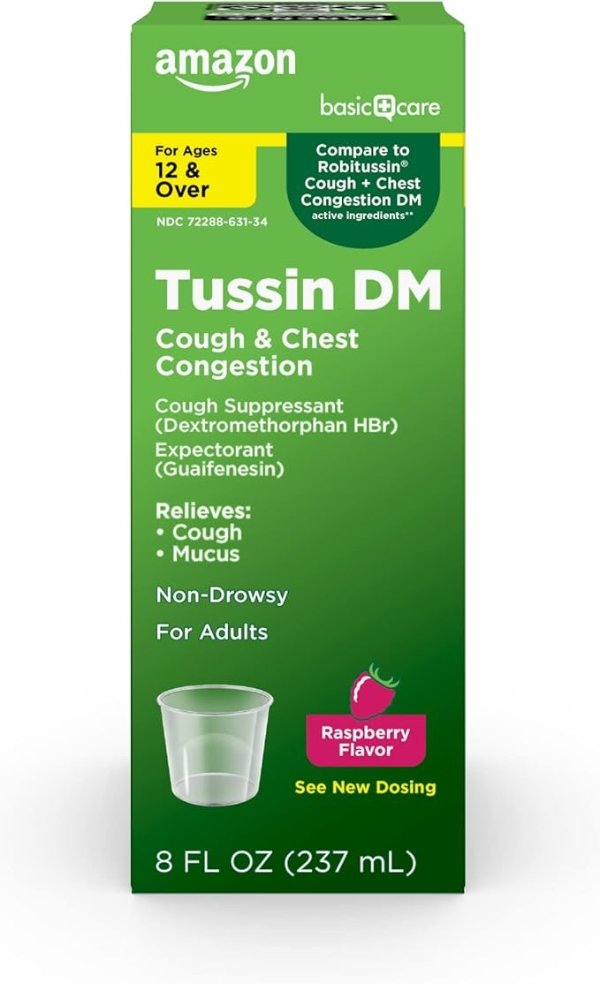 Amazon Basic Care Tussin Cough Plus Chest Congestion DM Syrup, Raspberry Flavor, 8.0 Fluid Ounce