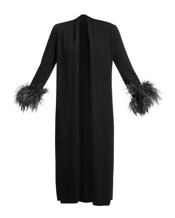 Feather-Cuff Long Cashmere Cardigan
