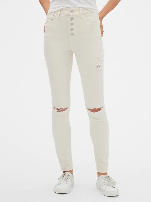 High Rise Distressed Legging Jeans with Button-Fly