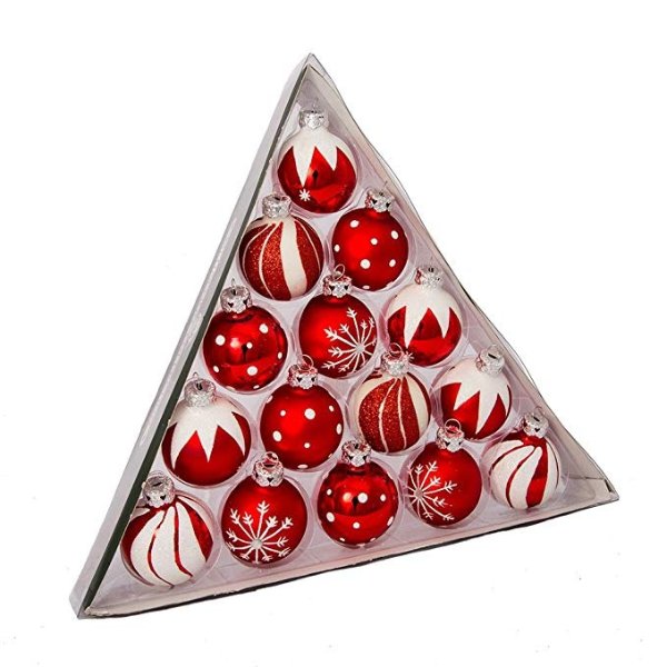 1.57-Inch Red/White Decorated Glass Ball Ornament set of 15