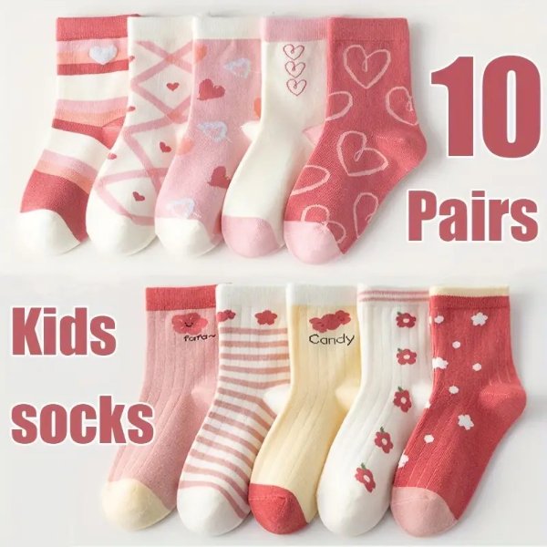 10 Pairs Baby Girl's Cartoon Hearts Flower Pattern Knitted Socks, Comfy Breathable Soft Crew Socks For Outdoor Wearing