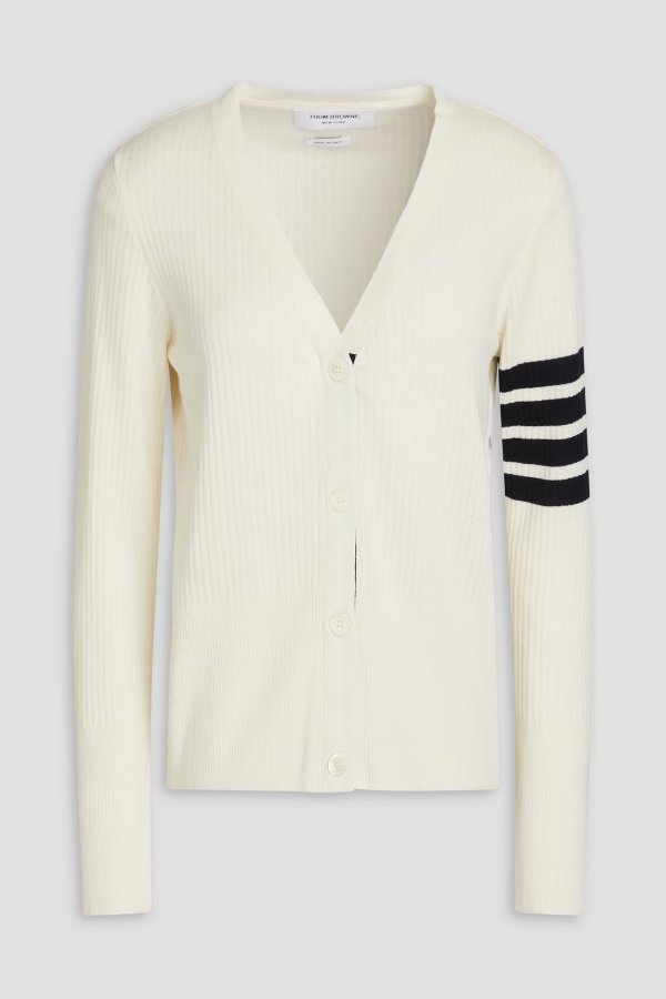 Striped ribbed pointelle-knit cotton and silk-blend cardigan