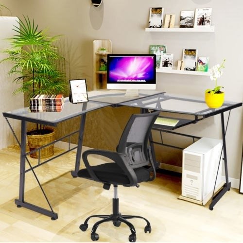 Factory Direct | Rakuten: Computer Desk L Shaped Desk Glass Office Writing Furniture With Keyboard Tray