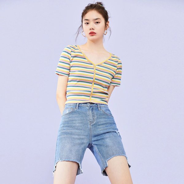 V-Neck Rainbow Striped Knitted Top | Peacebird Women Fashion