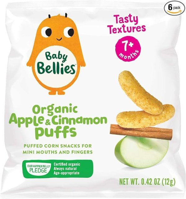 Baby Bellies Organic Puffs Baby Snack, Apple & Cinnamon, Pack of 6 Individual Snack Packs