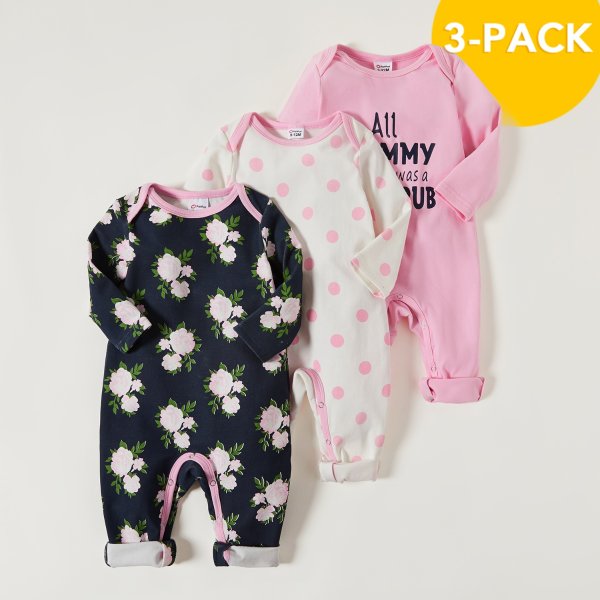 3-pack Baby Sweet Letter Floral Jumpsuit