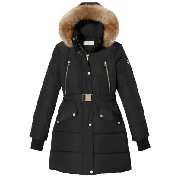 women's belted faux fur 3/4 length puffer coat in black