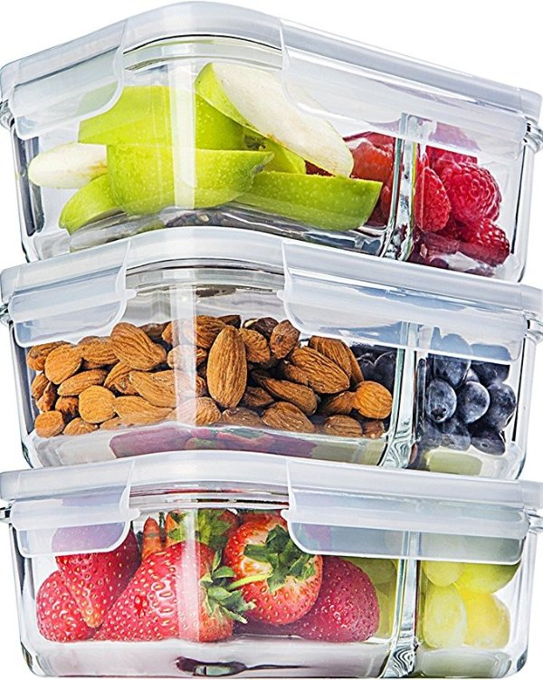 [3 Pcs] Glass Meal Prep Containers Glass 2 Compartment - Glass Food Storage Containers - Glass Storage Containers with Lids - Divided Glass Lunch Containers Food Container - Glass Food Containers 25oz