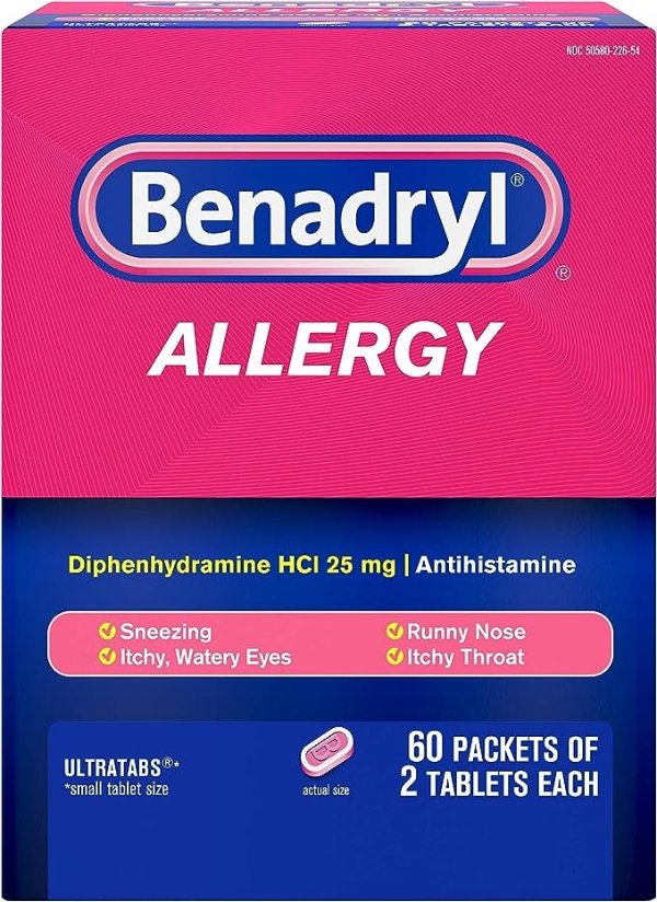 Ultratabs Go Packs, Antihistamine Allergy Medicine Tablets with Diphenhydramine HCl, Convenient for Travel & On-The-Go Cold & Allergy Relief, 60 Packets of 2 Tablets
