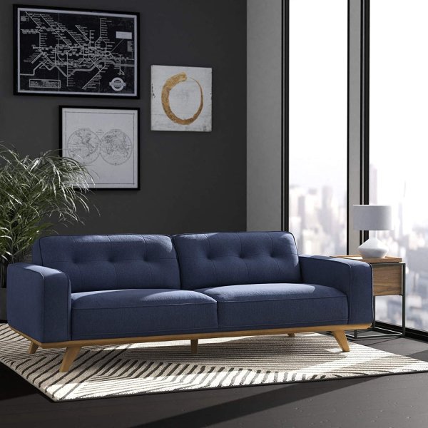 Bigelow Modern Sofa Couch with Wood Base, 89.4"W, Navy Blue / Blonde